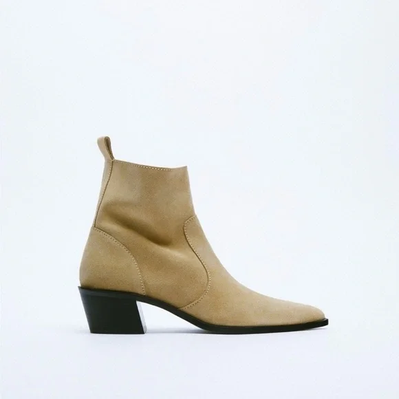 Zara Leather Split Suede Pointed Toe Cowboy Ankle Boots Size 39 | 8 - Picture 2 of 14